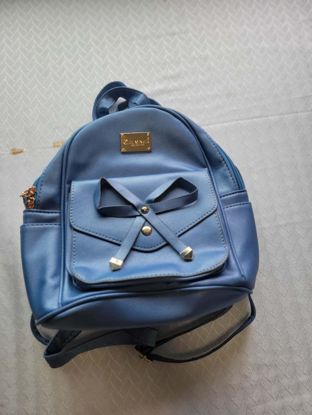Mini Blue Faux Leather Backpack with Front Bow Detail